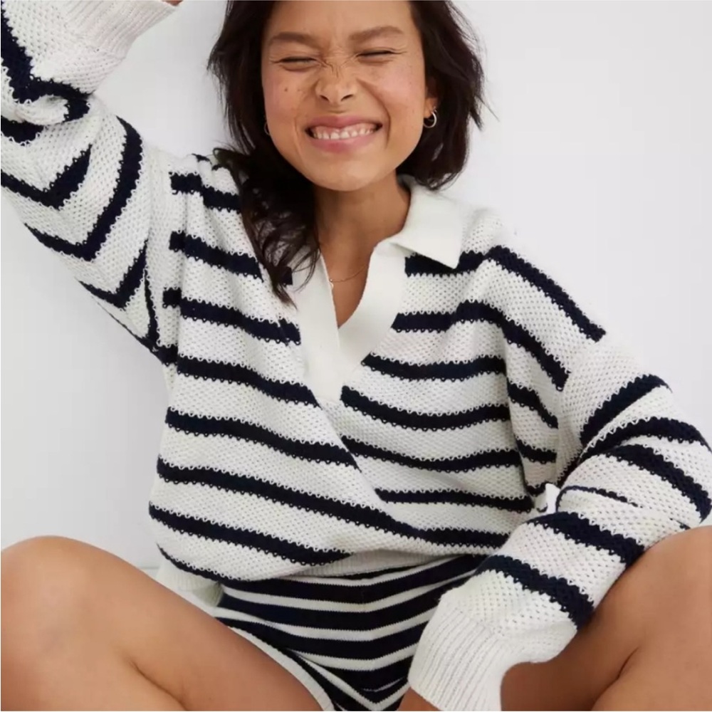 aerie Cream and Navy Blue Striped Knit Polo Sweater
